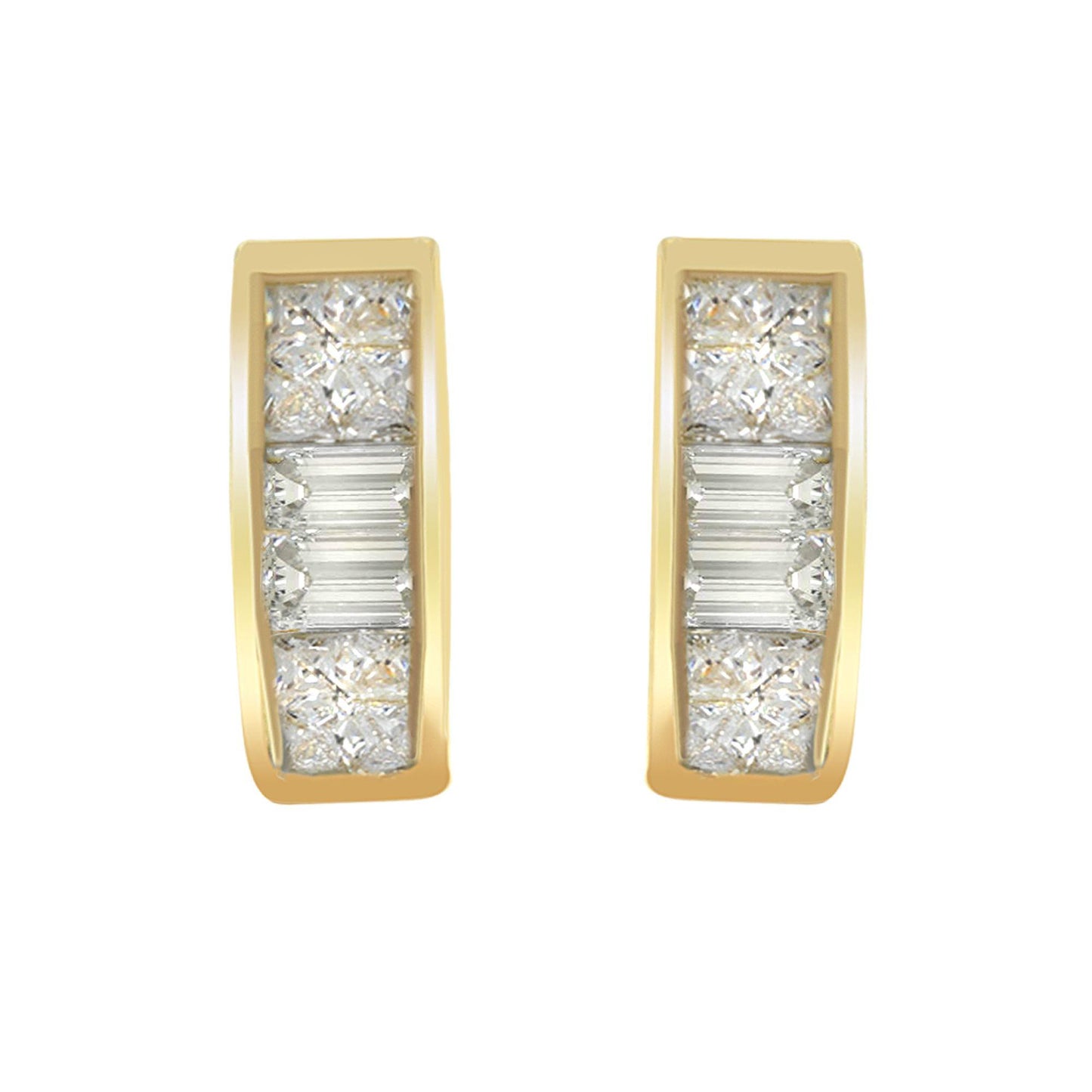 Front-facing shot of yellow metal earrings with white gemstones in baguette and princess shapes, featuring channel and invisible settings.