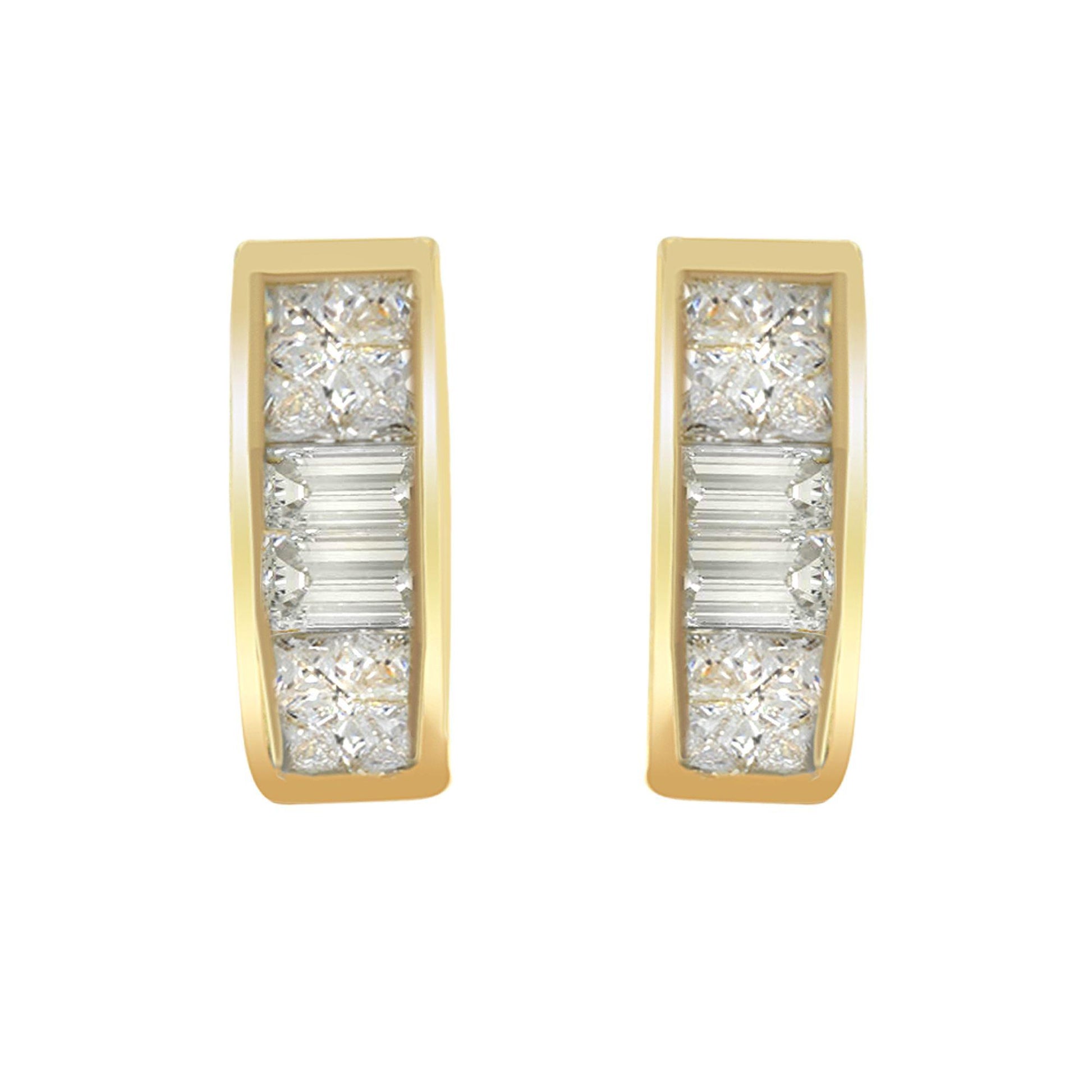 Front-facing shot of yellow metal earrings with white gemstones in baguette and princess shapes, featuring channel and invisible settings.