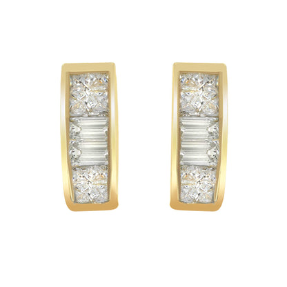Front-facing shot of yellow metal earrings with white gemstones in baguette and princess shapes, featuring channel and invisible settings.