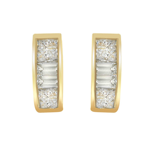 Front-facing shot of yellow metal earrings with white gemstones in baguette and princess shapes, featuring channel and invisible settings.