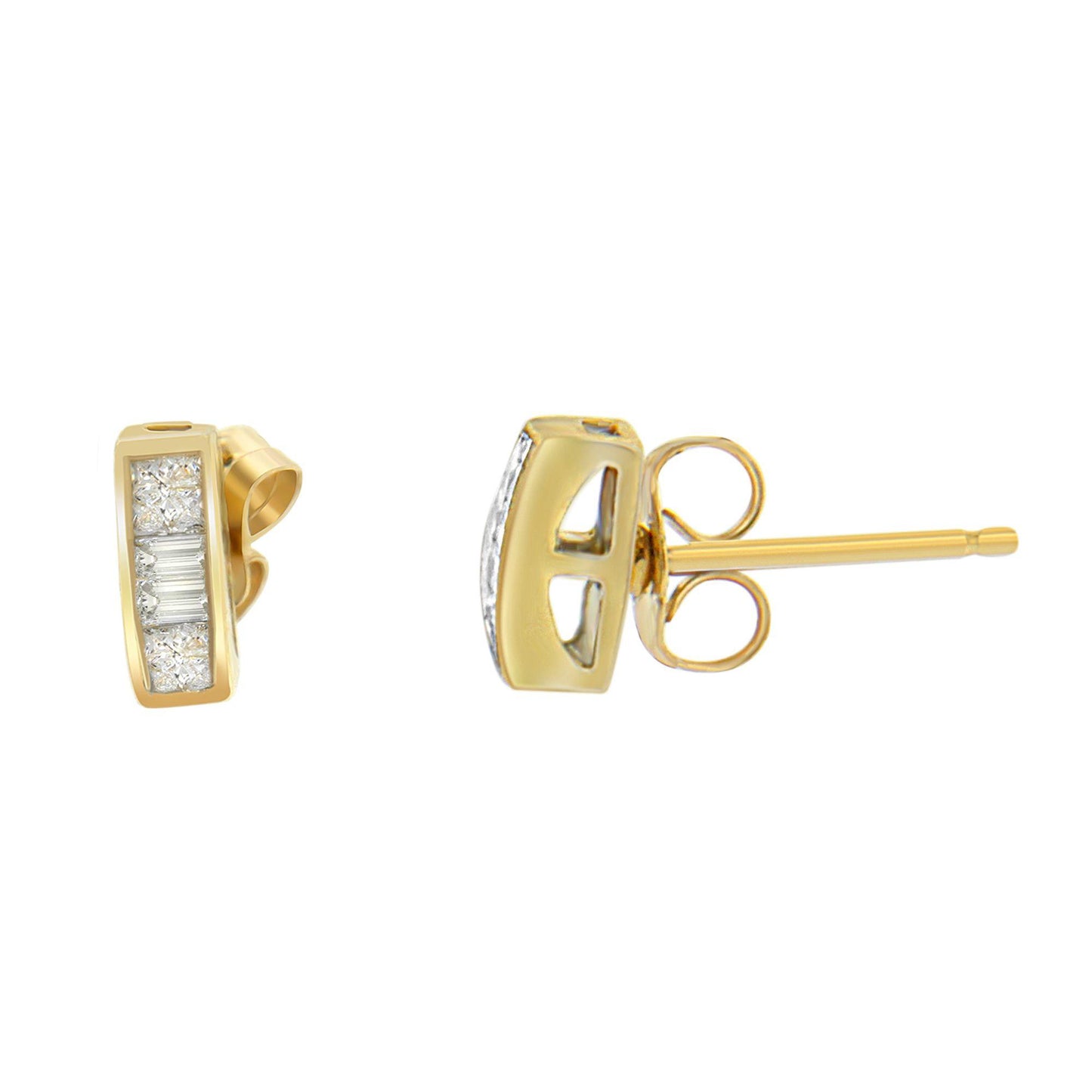 Pair of yellow metal stud earrings with rectangular front featuring white gemstones in channel and invisible settings, shown from front and side angles on white background.