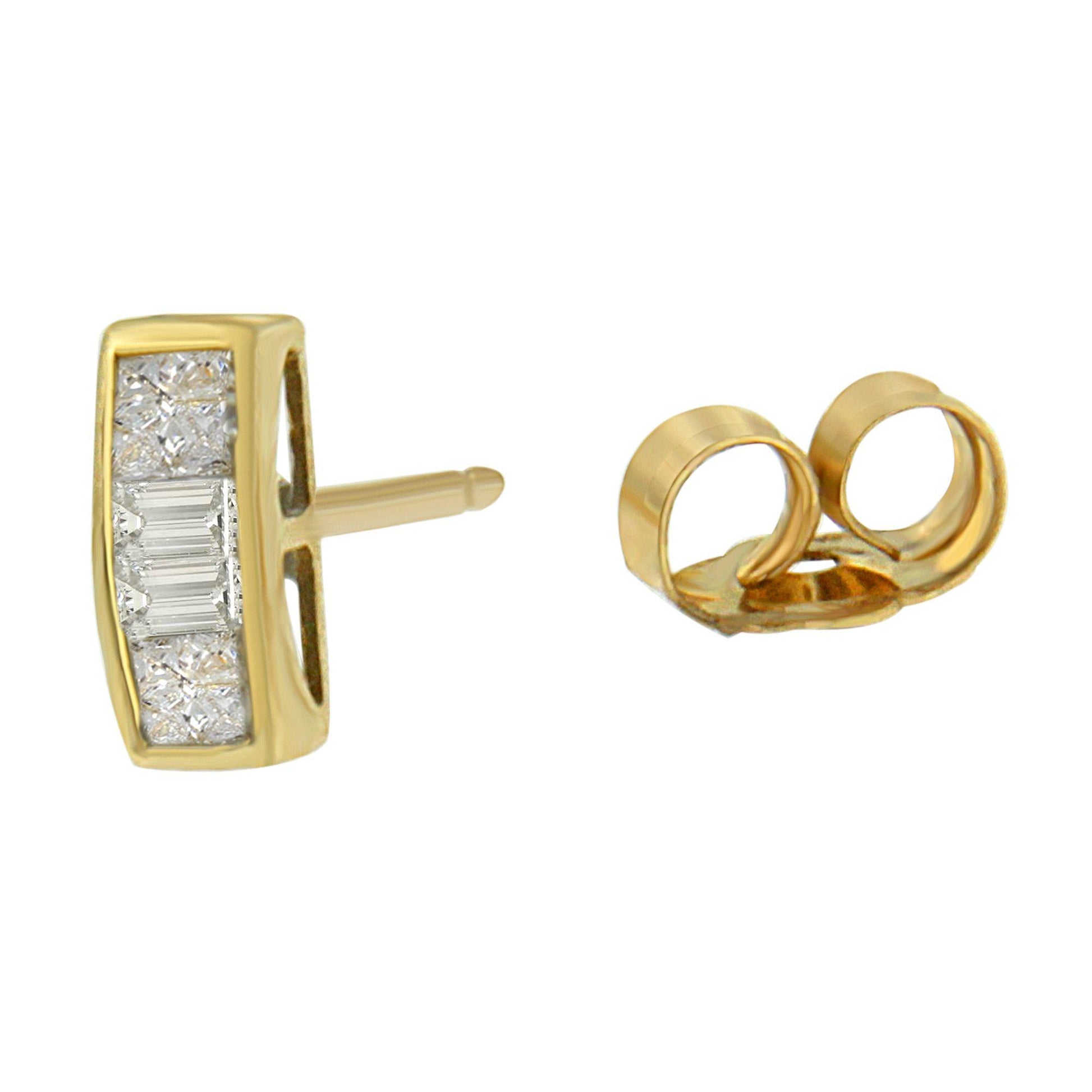 Close-up front and back view of a yellow metal earring with white baguette and princess shape gemstones, showing the post and butterfly clasp.