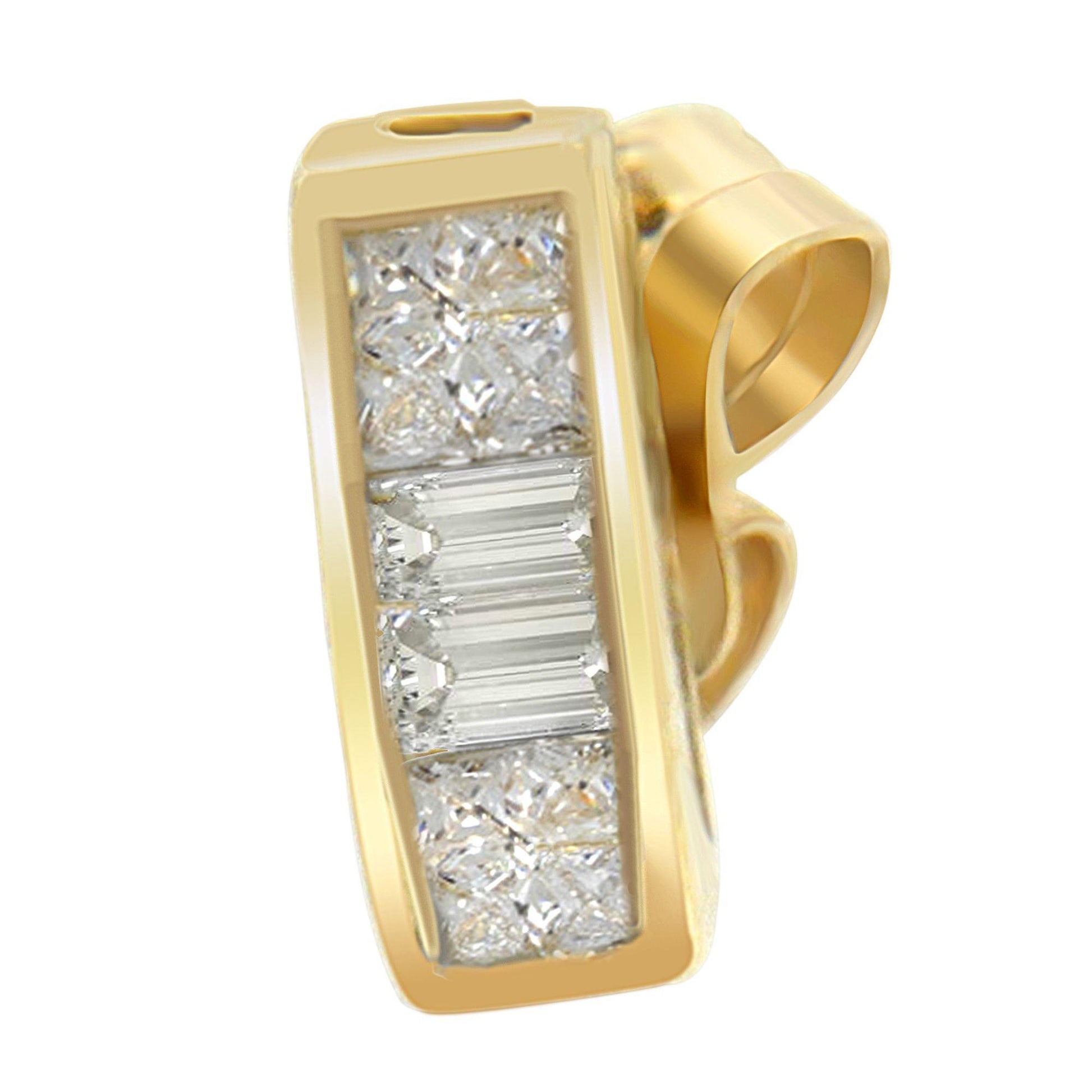 Close-up front angle of a yellow metal earring featuring a rectangular panel set with white gemstones in baguette and princess shapes.