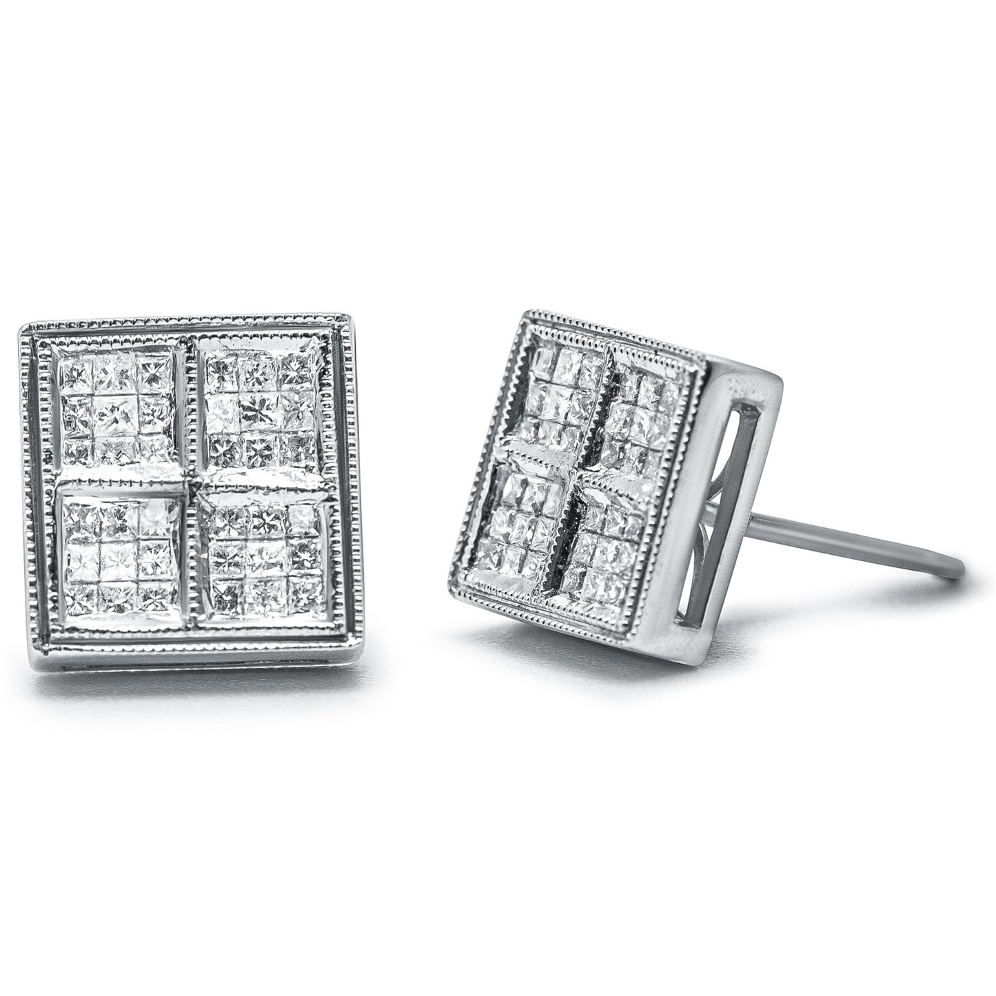 Close-up front and side angled view of a pair of square white metal earrings with clusters of small white gemstones arranged in four sections.