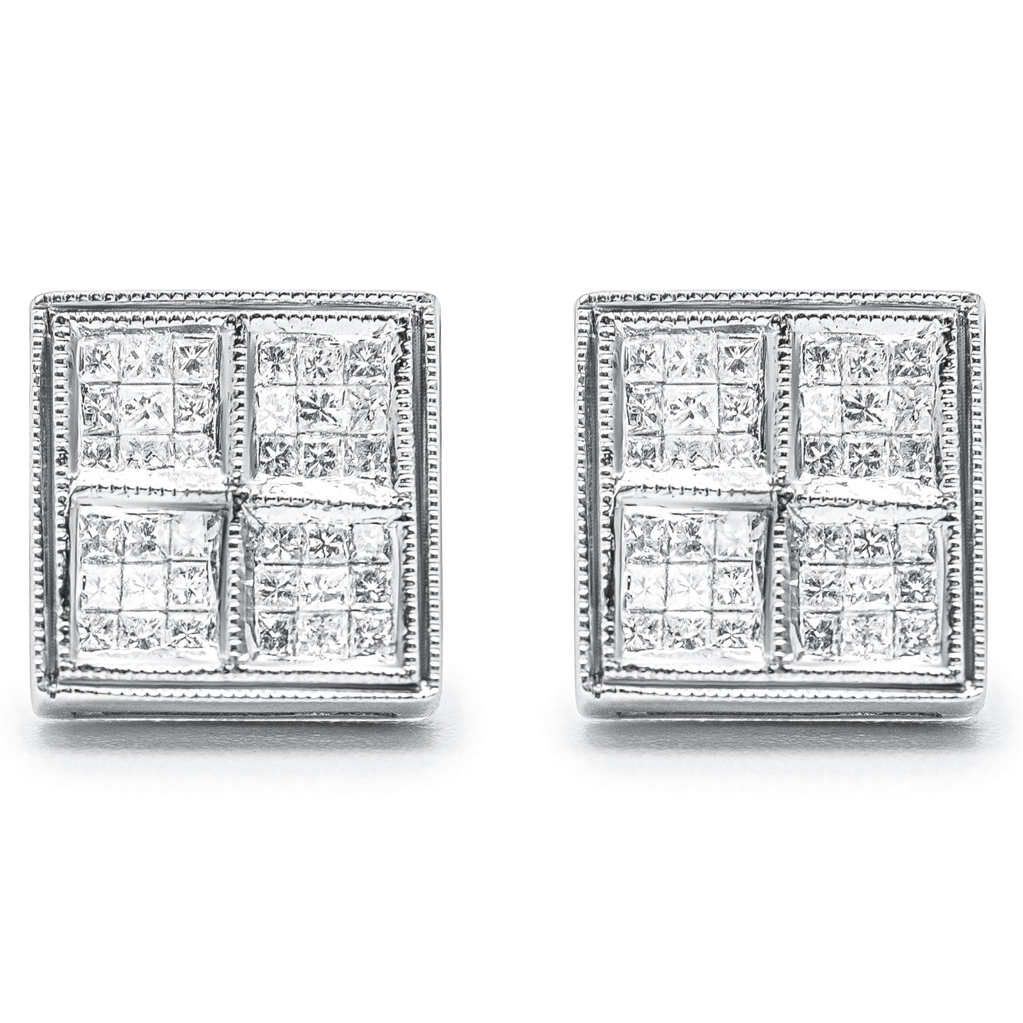 Front view of a pair of square-shaped white metal earrings featuring clusters of princess-shaped white gemstones in an invisible setting.