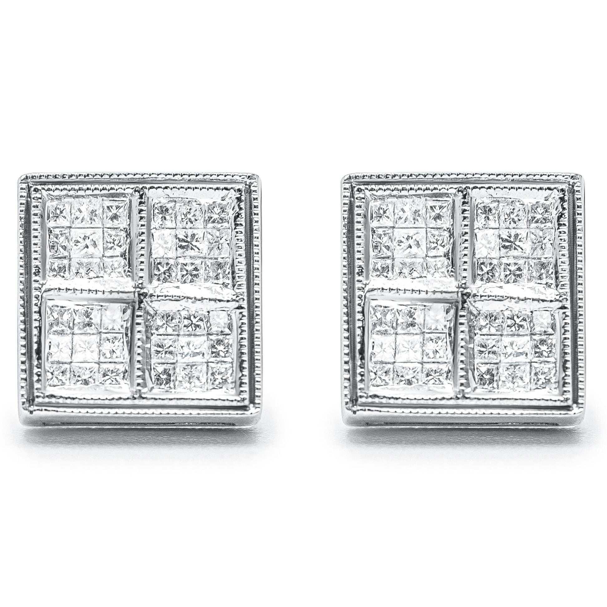 Front view of a pair of square-shaped white metal earrings featuring clusters of princess-shaped white gemstones in an invisible setting.