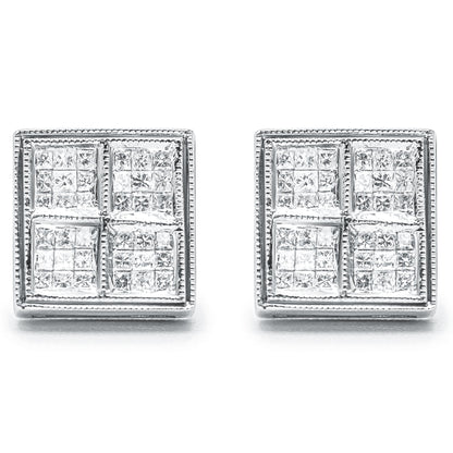 Front view of a pair of square-shaped white metal earrings featuring clusters of princess-shaped white gemstones in an invisible setting.