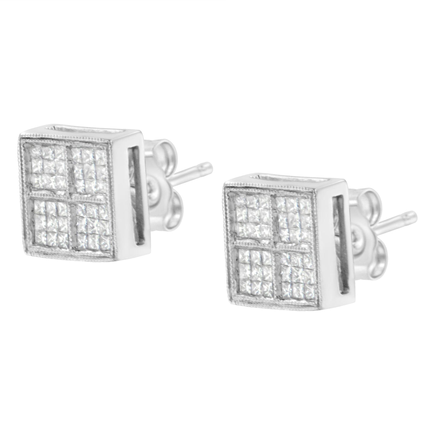 Pair of white metal square stud earrings with multiple small white gemstones in an invisible setting, shown at a slight angle.