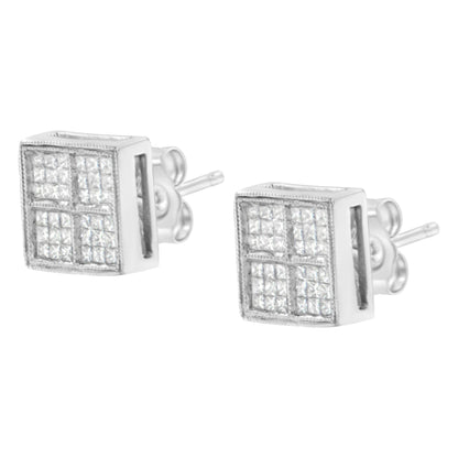 Pair of white metal square stud earrings with multiple small white gemstones in an invisible setting, shown at a slight angle.
