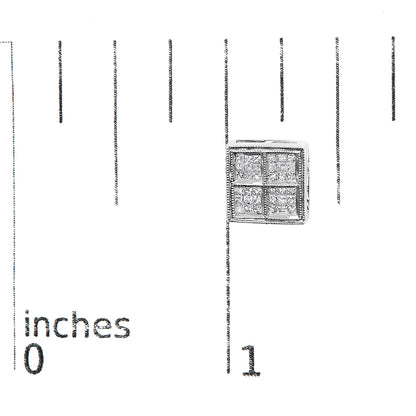 Close-up front angle of a square-shaped white metal earring with princess cut white gemstones in an invisible setting, placed on a ruler for size reference.