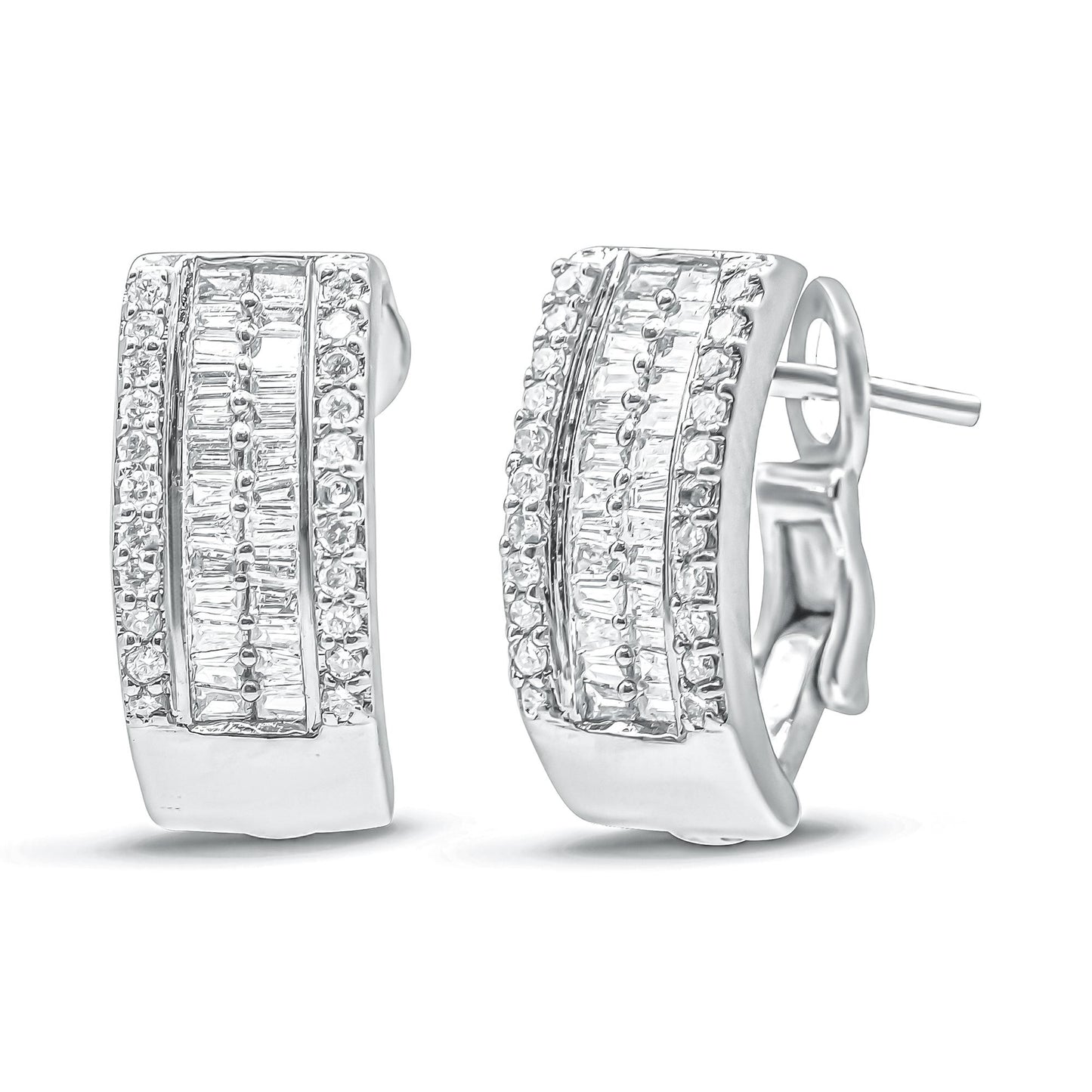 Pair of white metal earrings with curved rectangular shapes, featuring rows of round pave-set white gemstones flanking channel-set baguette-shaped white gemstones, shown from a front and angled side view.