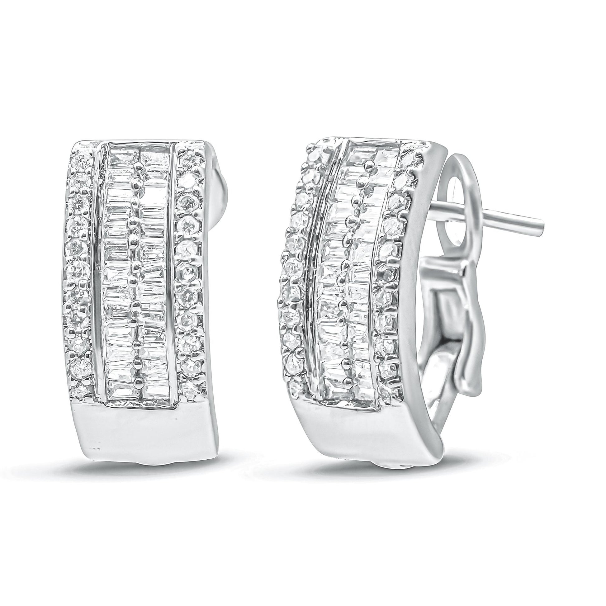 Pair of white metal earrings with curved rectangular shapes, featuring rows of round pave-set white gemstones flanking channel-set baguette-shaped white gemstones, shown from a front and angled side view.