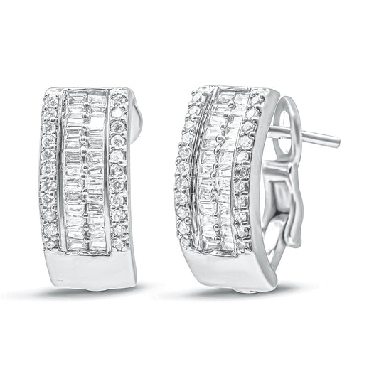 Pair of white metal earrings with curved rectangular shapes, featuring rows of round pave-set white gemstones flanking channel-set baguette-shaped white gemstones, shown from a front and angled side view.