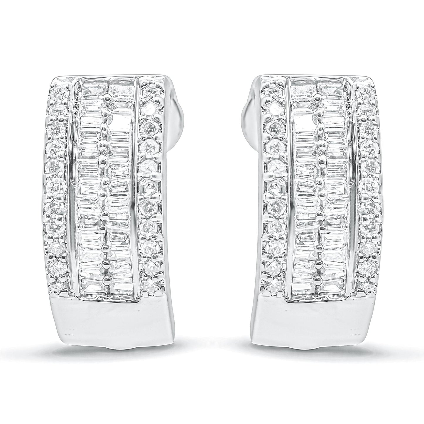 Front-facing shot of white metal earrings featuring rows of round-shaped pave set white gemstones along the edges and channel-set baguette-shaped white gemstones in the center.