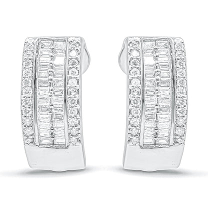 Front-facing shot of white metal earrings featuring rows of round-shaped pave set white gemstones along the edges and channel-set baguette-shaped white gemstones in the center.
