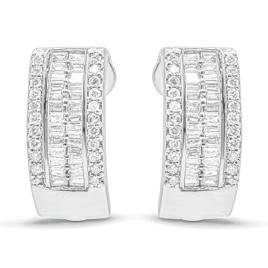 Front-facing shot of white metal earrings featuring rows of round-shaped pave set white gemstones along the edges and channel-set baguette-shaped white gemstones in the center.