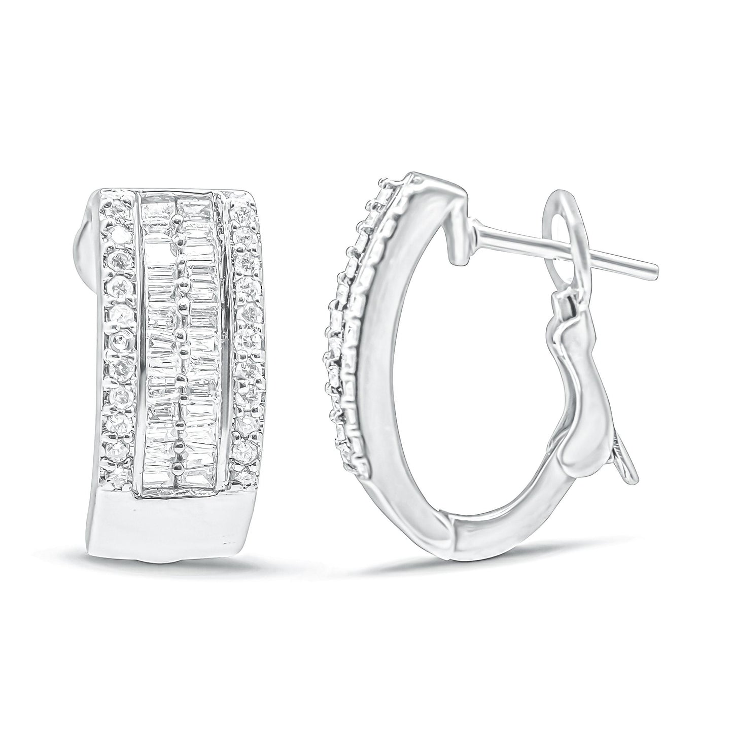 Pair of white metal hoop earrings with rectangular front panels featuring pave-set round white gemstones flanking channel-set baguette-shaped white gemstones, shown at a slight angle on a white background.