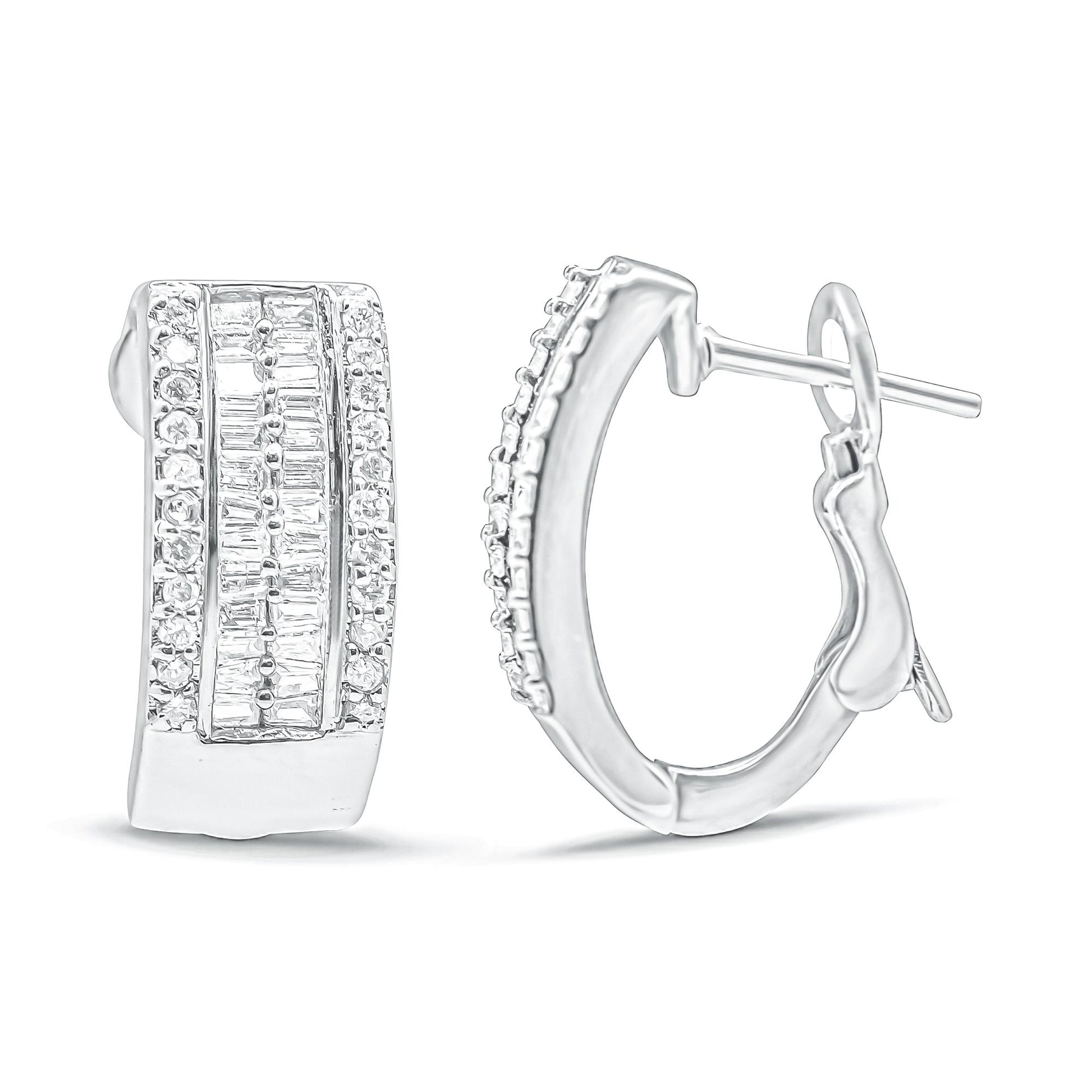 Pair of white metal hoop earrings with rectangular front panels featuring pave-set round white gemstones flanking channel-set baguette-shaped white gemstones, shown at a slight angle on a white background.