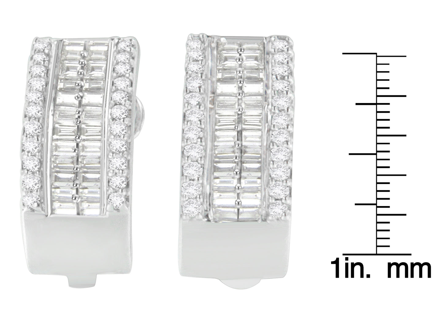 Front angle view of white metal earrings featuring white round pave-set gemstones along the edges and channel-set white baguette-shaped gemstones in the center, shown next to a ruler for size reference.