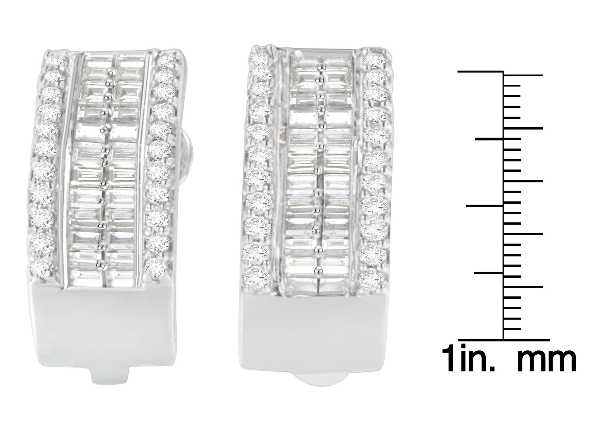 Front angle view of white metal earrings featuring white round pave-set gemstones along the edges and channel-set white baguette-shaped gemstones in the center, shown next to a ruler for size reference.