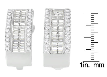 Front angle view of white metal earrings featuring white round pave-set gemstones along the edges and channel-set white baguette-shaped gemstones in the center, shown next to a ruler for size reference.
