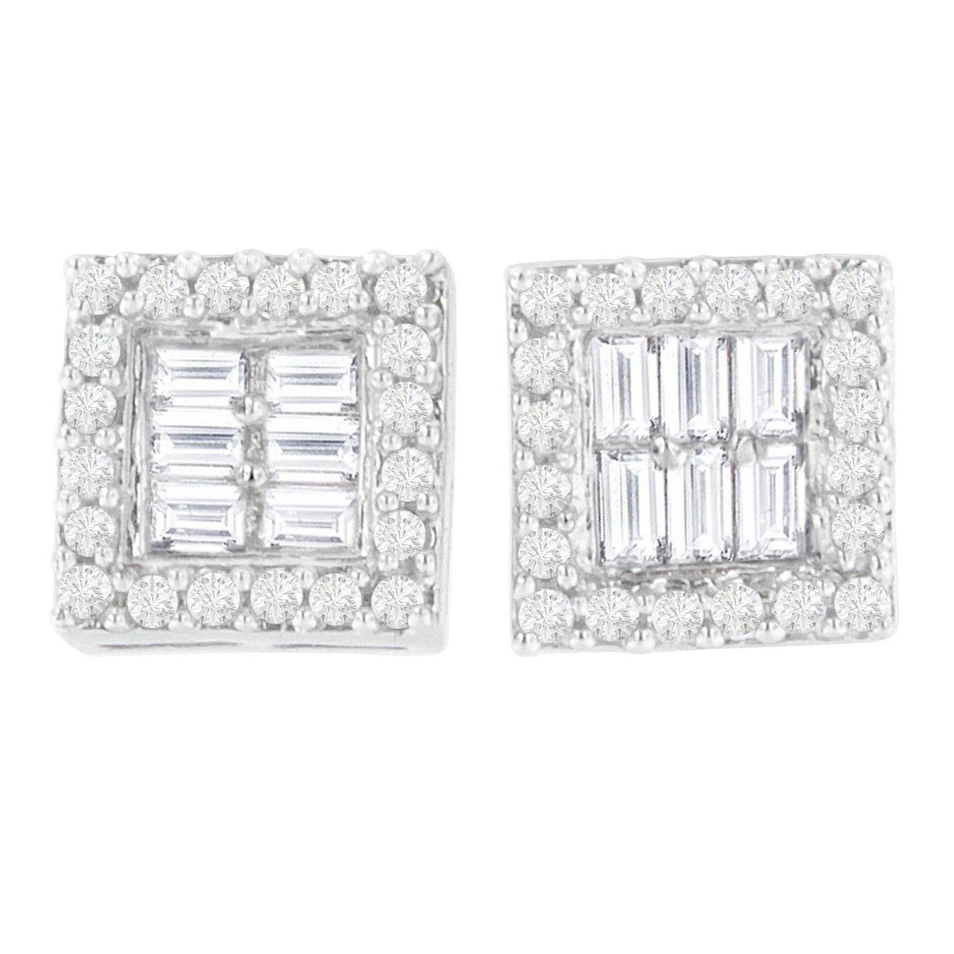 Front view of white metal square earrings with round prong-set white gemstones surrounding a center of channel-set baguette-shaped white gemstones.