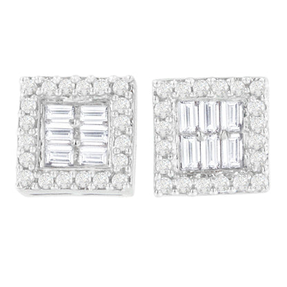 Front view of white metal square earrings with round prong-set white gemstones surrounding a center of channel-set baguette-shaped white gemstones.
