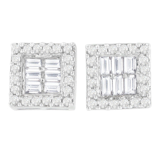 Front view of white metal square earrings with round prong-set white gemstones surrounding a center of channel-set baguette-shaped white gemstones.