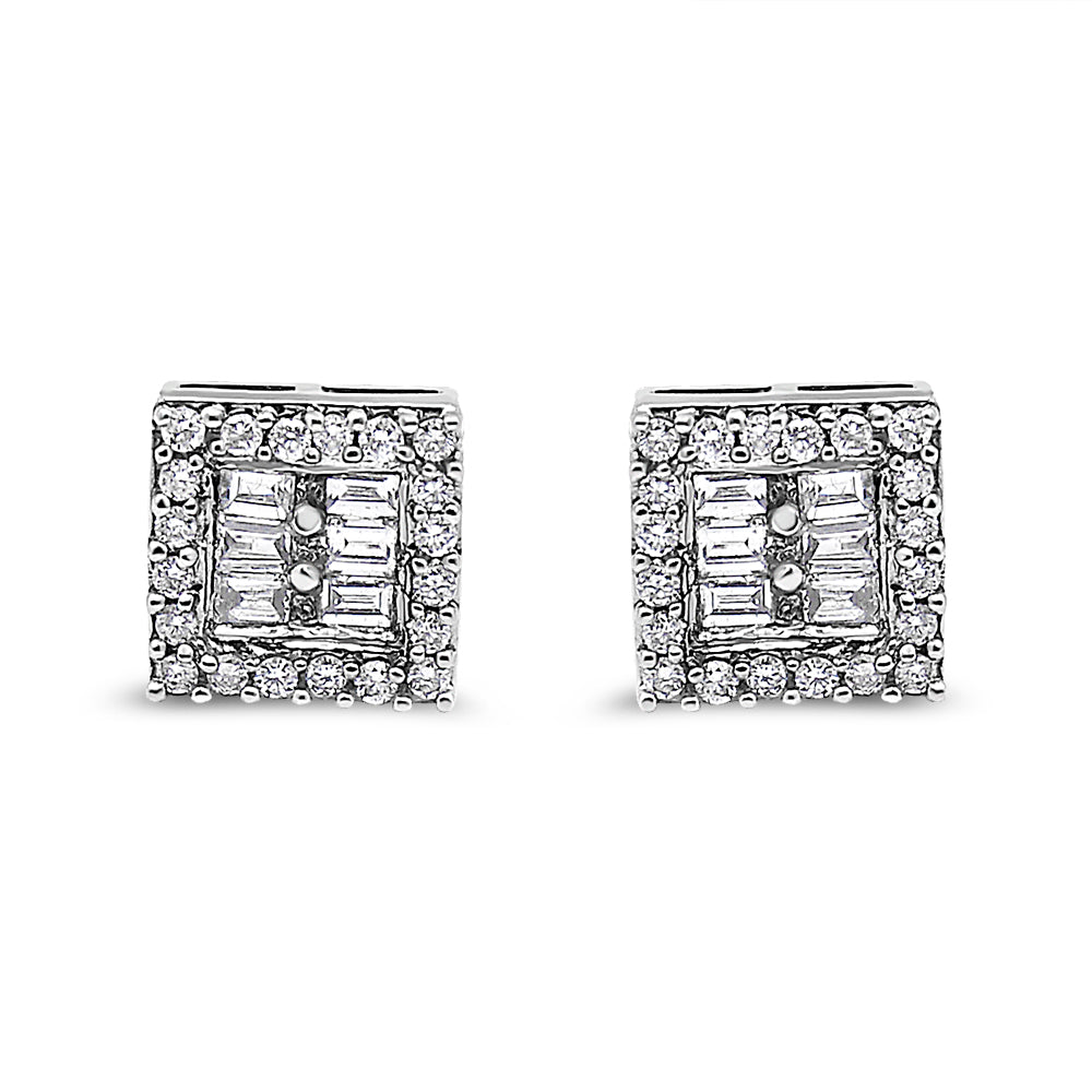 Front view of a pair of square-shaped white metal earrings featuring round prong-set white gemstones surrounding the edges and baguette channel-set white gemstones in the center.