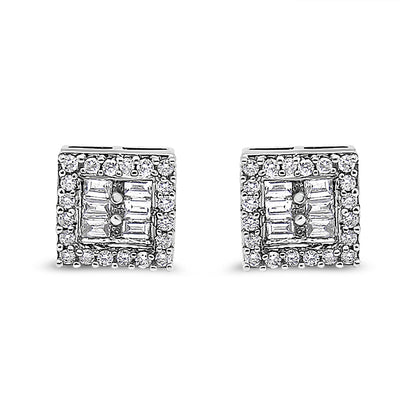 Front view of a pair of square-shaped white metal earrings featuring round prong-set white gemstones surrounding the edges and baguette channel-set white gemstones in the center.