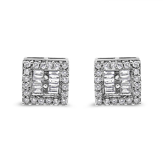 Front view of a pair of square-shaped white metal earrings featuring round prong-set white gemstones surrounding the edges and baguette channel-set white gemstones in the center.
