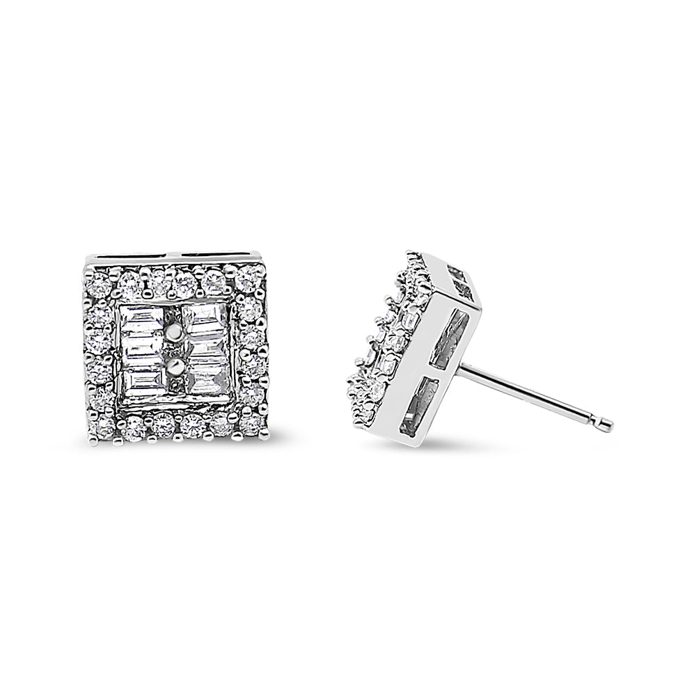 Pair of square white metal stud earrings with round and baguette-shaped white gemstones, shown at front and side angles on a white background.