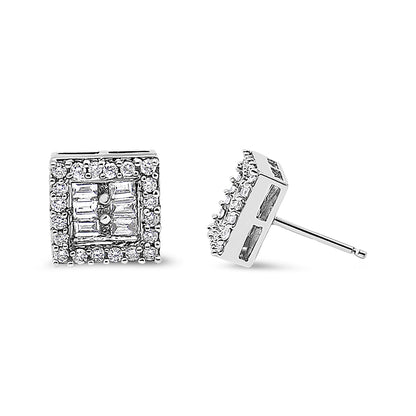 Pair of square white metal stud earrings with round and baguette-shaped white gemstones, shown at front and side angles on a white background.