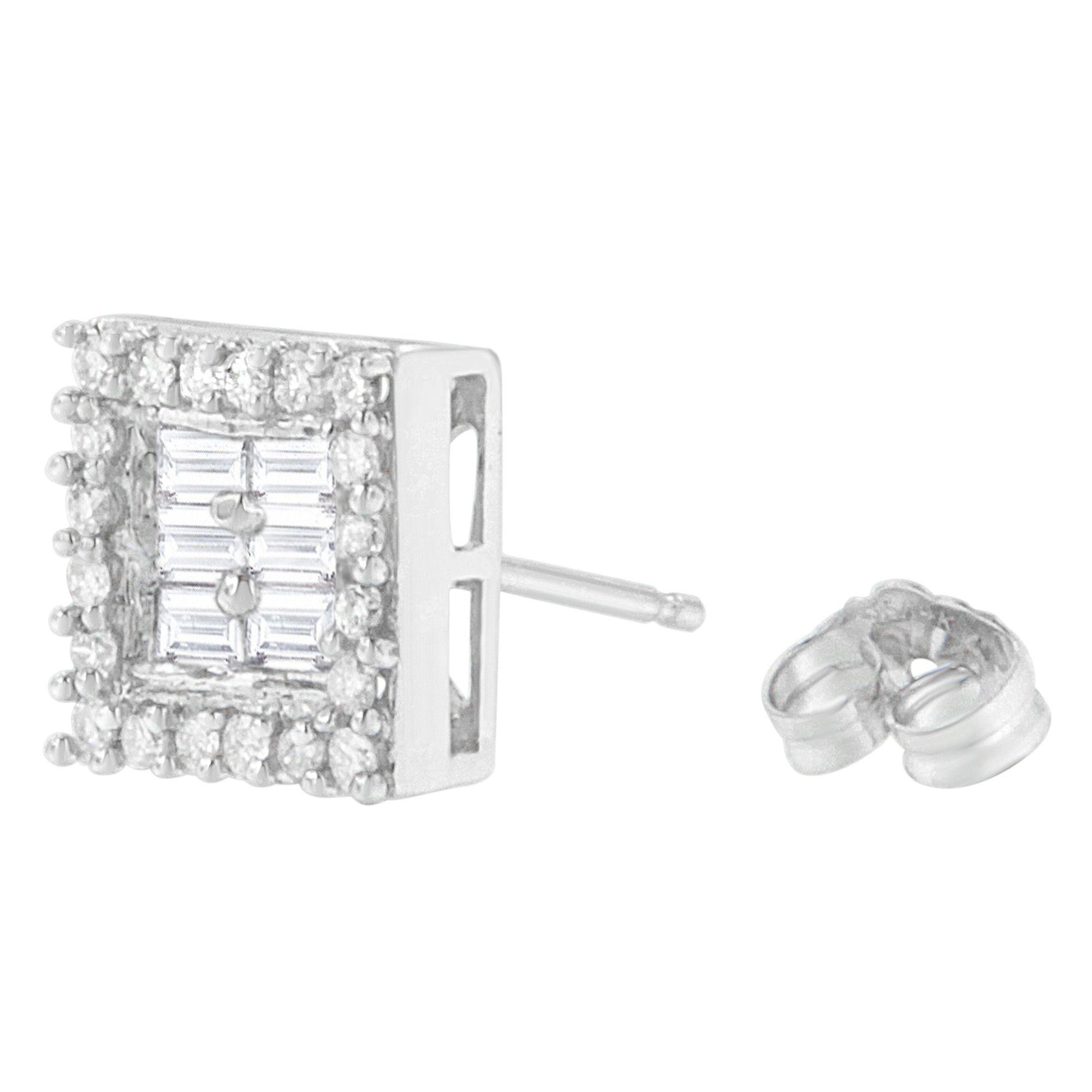Close-up side angle of a white metal square-shaped earring with round and baguette white gemstones, showing the stud post and separate earring back.