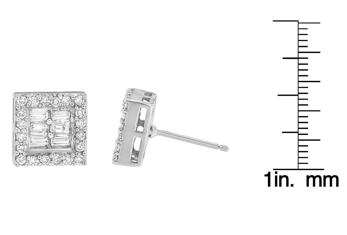 White metal square earrings with round and baguette white gemstones, shown from front and side angles, displayed next to a ruler for size reference.
