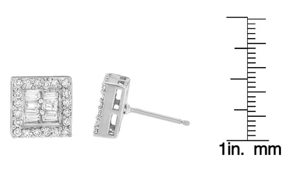 White metal square earrings with round and baguette white gemstones, shown from front and side angles, displayed next to a ruler for size reference.