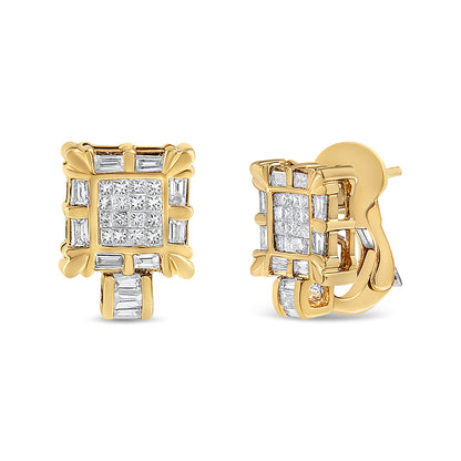 Front and side angled view of a pair of yellow metal square-shaped earrings with white gemstones in baguette and princess shapes, set in channel and invisible settings.