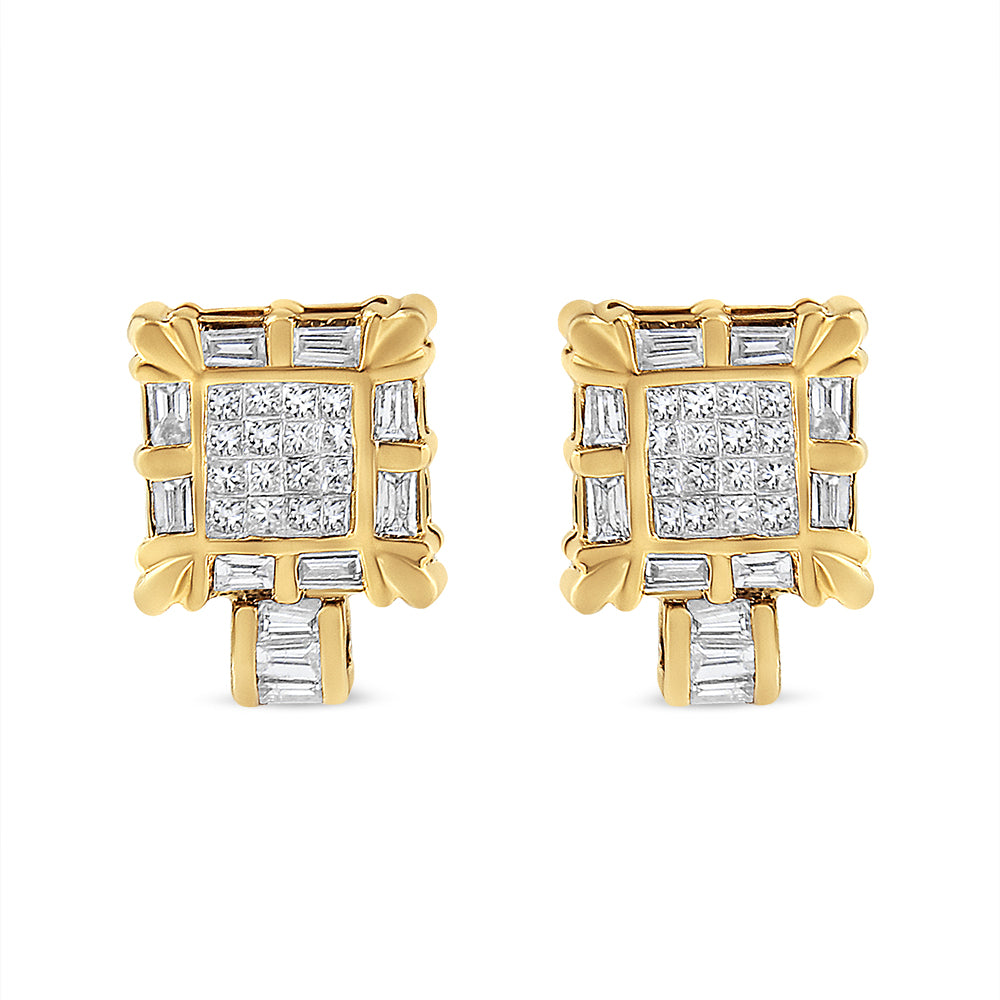 Front-facing view of yellow metal earrings with square design featuring white princess shape gemstones in the center and white baguette shape gemstones around the edges and at the base.