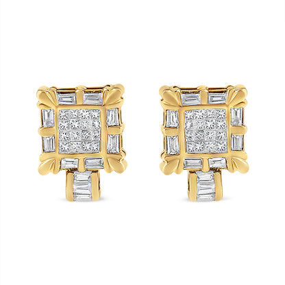 Front-facing view of yellow metal earrings with square design featuring white princess shape gemstones in the center and white baguette shape gemstones around the edges and at the base.