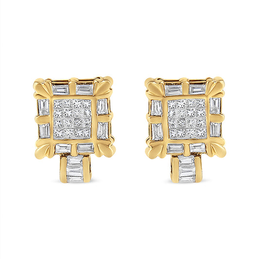 Front-facing view of yellow metal earrings with square design featuring white princess shape gemstones in the center and white baguette shape gemstones around the edges and at the base.