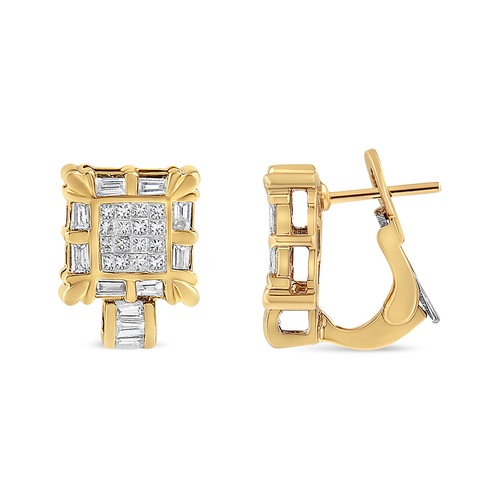 Front and side view of yellow metal earrings with white gemstones in baguette and princess shapes, displayed against a white background.