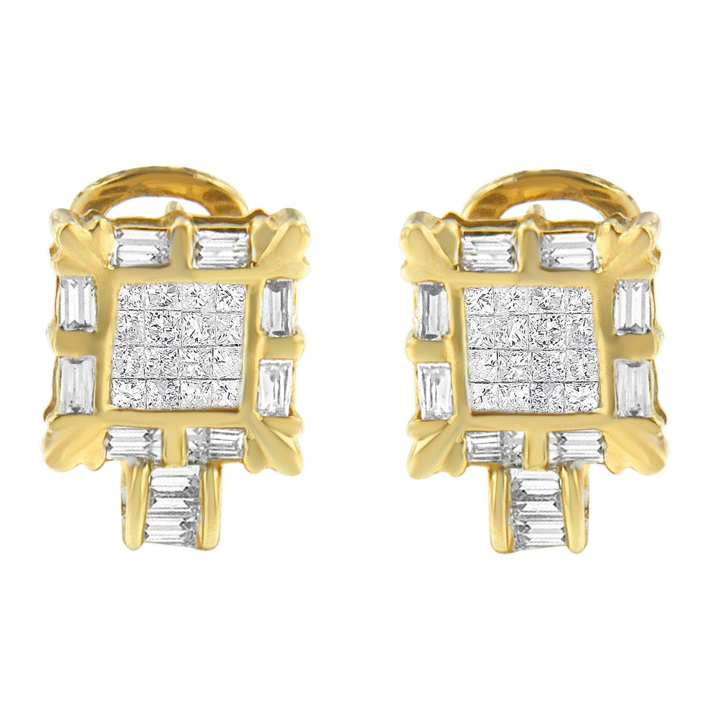 Front view of a pair of yellow metal earrings featuring a square cluster of princess-shaped white gemstones in an invisible setting, surrounded by baguette-shaped white gemstones in a channel setting.