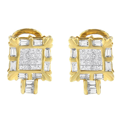 Front view of a pair of yellow metal earrings featuring a square cluster of princess-shaped white gemstones in an invisible setting, surrounded by baguette-shaped white gemstones in a channel setting.