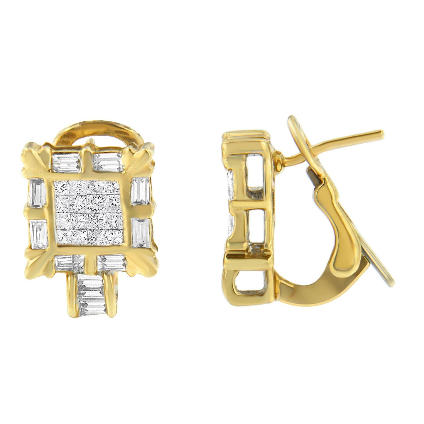 Front and side view of a pair of yellow metal square-shaped earrings with white gemstones in baguette and princess shapes set in channel and invisible settings.