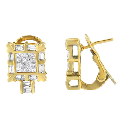 Front and side view of a pair of yellow metal square-shaped earrings with white gemstones in baguette and princess shapes set in channel and invisible settings.