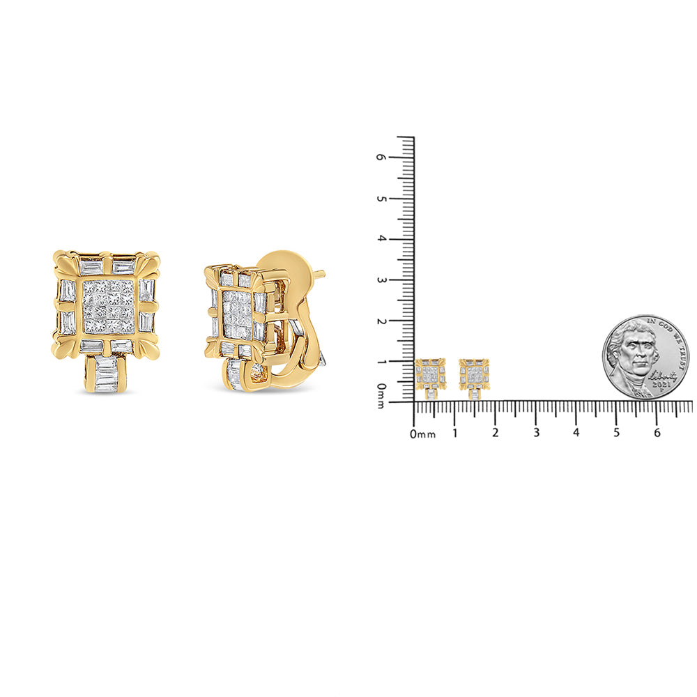 Pair of square-shaped yellow metal earrings with white gemstones in baguette and princess shapes, shown from front and angled side views, displayed next to a ruler and coin for size reference.