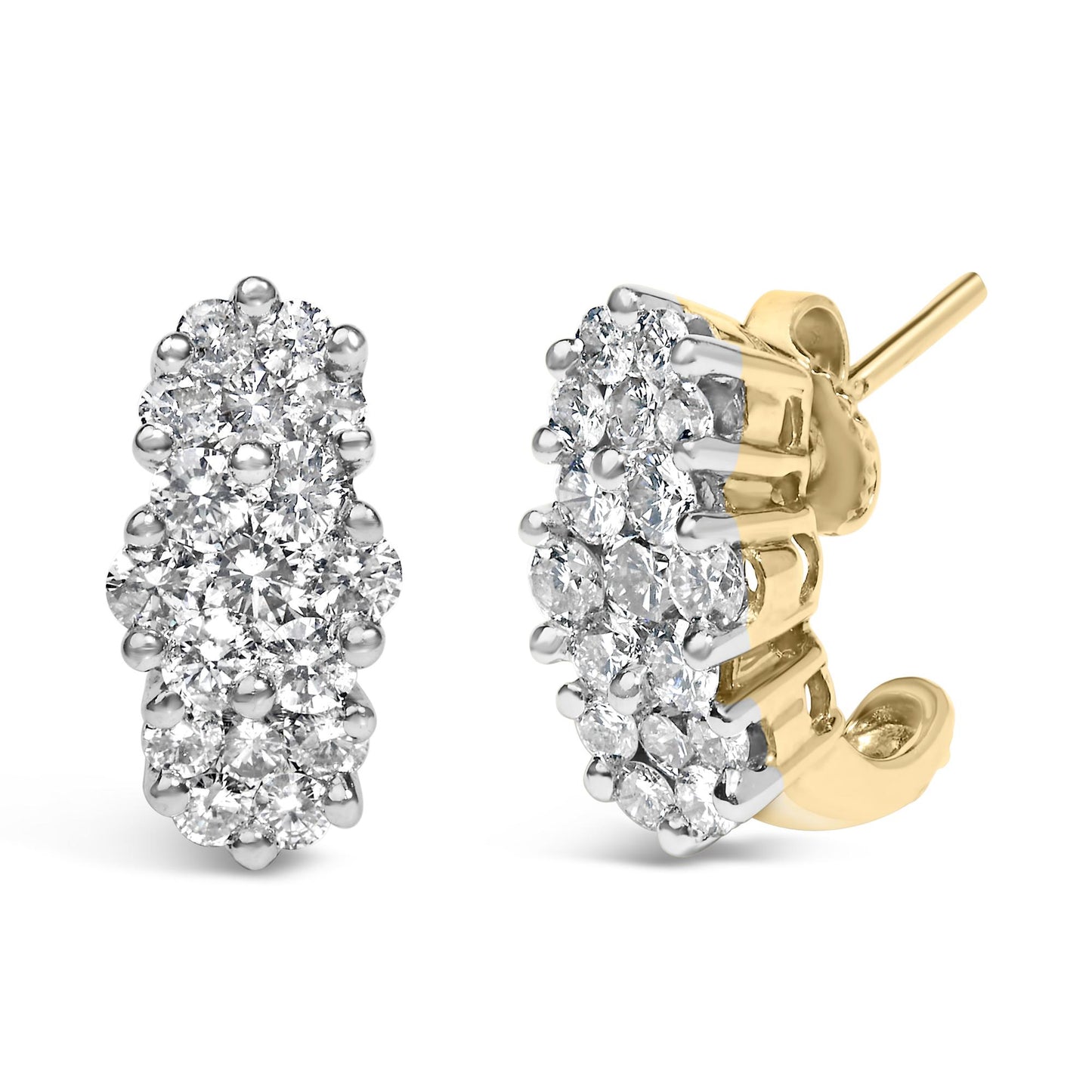 Pair of yellow metal earrings with clusters of round white gemstones in prong setting, shown from front and side angles.