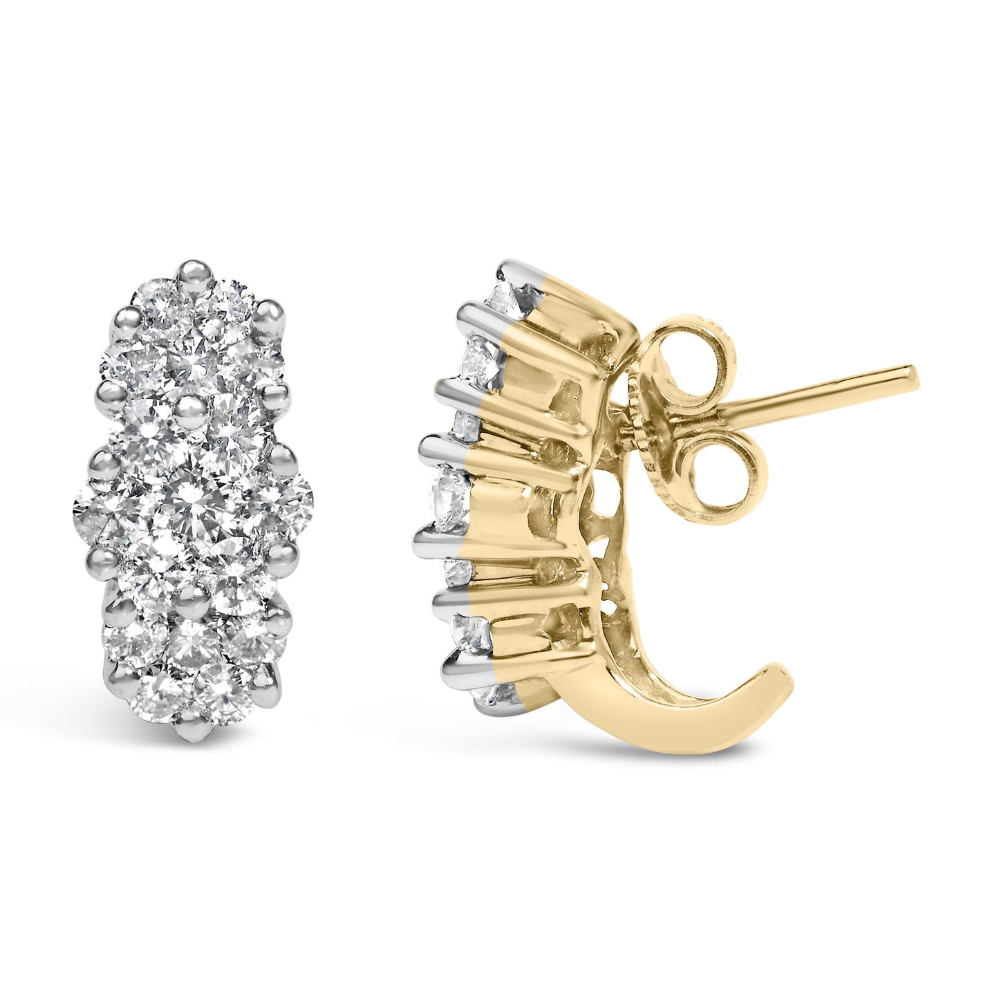 Close-up front and side view of yellow metal earrings set with multiple round white gemstones in prong settings.
