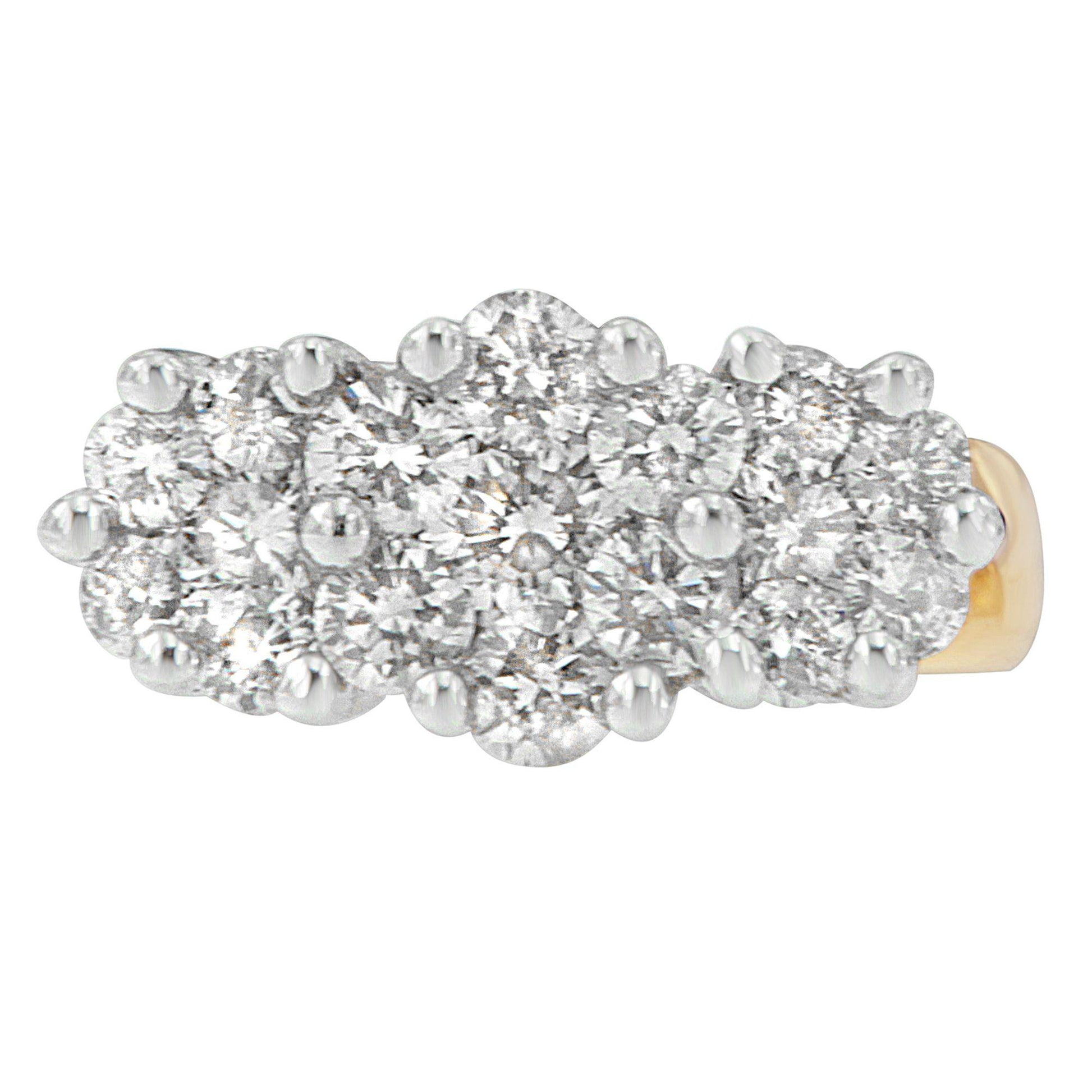 Close-up front view of yellow metal earrings featuring clustered round white gemstones in a shared prong setting.