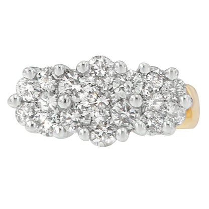 Close-up front view of yellow metal earrings featuring clustered round white gemstones in a shared prong setting.